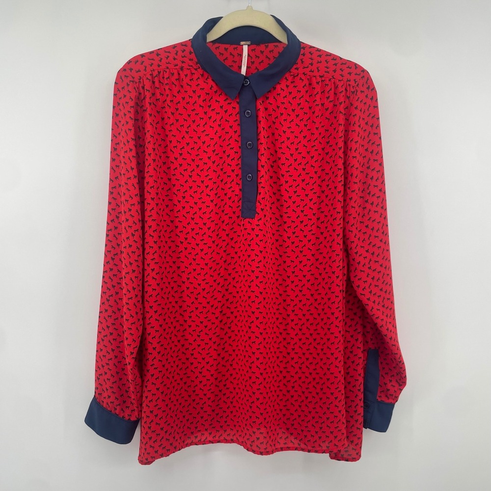 Free People Blouse Women Large Red Navy Horse Print Contrast Collar Button Down